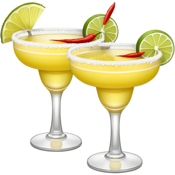 2 margarita cocktails. one is the classic margarita: yellowy with salt on the rim and a lemon. the other one is a spicy margarita: slightly more red color with a small red chili pepper instead of a lemon on the rim  emoji