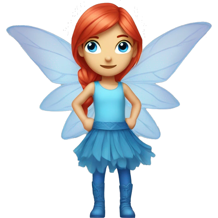 bloom winx fairy with red hair and blue eyes and in blue shirt with wings  emoji