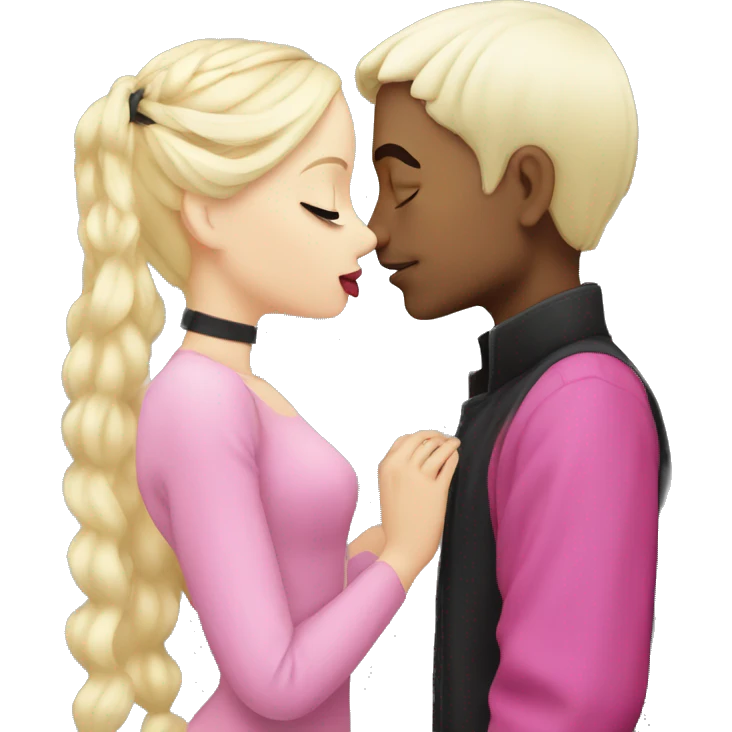 Goth black haired boy, kissing blonde girl in pink emoji