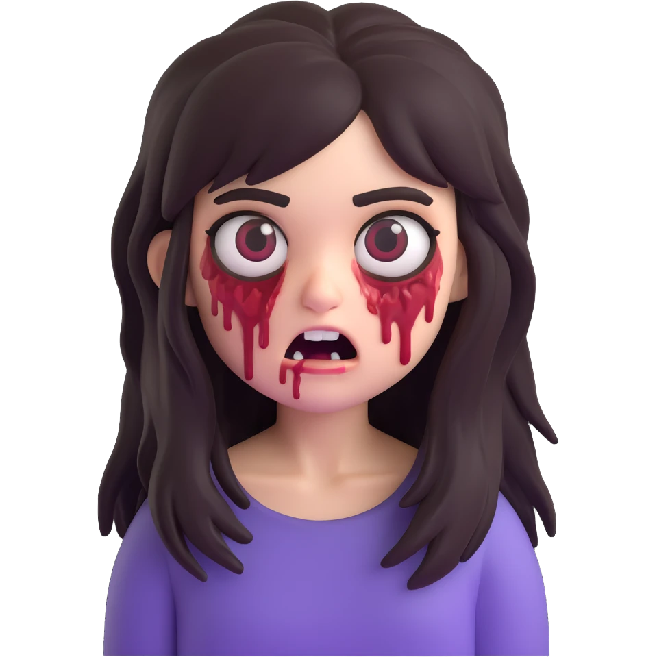 memoji of a girl as a zombie, long black hair, emo, shaggy, dark, with a creepy expression emoji