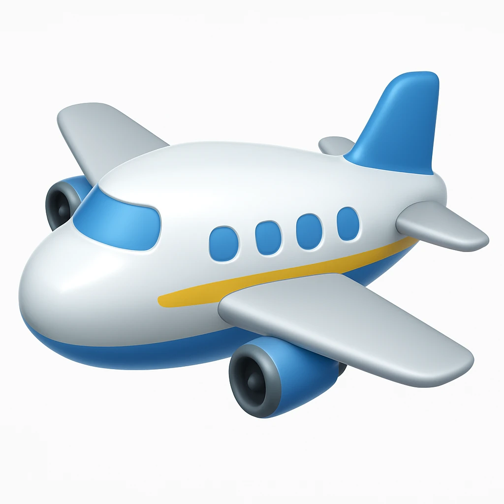 Make the airplane emoji look wider than the previous version. Keep everything else the same: iOS emoji style, 3D, shiny, smooth gradients, soft shadows, realistic airplane shape, classic emoji look. Add a glossy effect to the airplane body. emoji