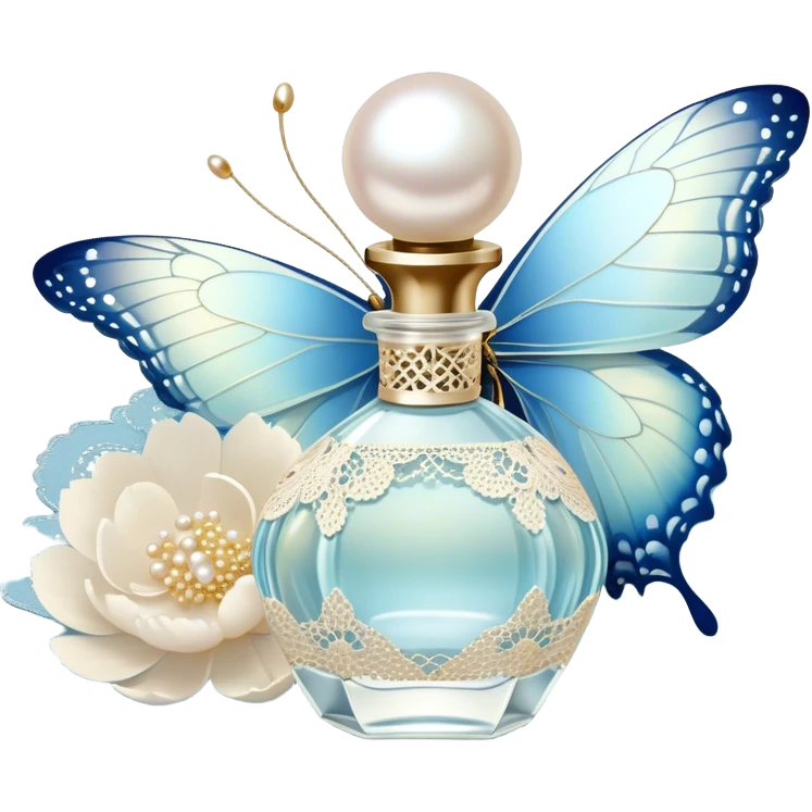 A delicate glass perfume bottle with an iridescent pearl finish rests on a vintage lace doily. A pale blue butterfly flutters nearby, its shimmering wings catching the soft golden light. Scattered white peony petals and a string of pearls add a touch of timeless elegance. emoji