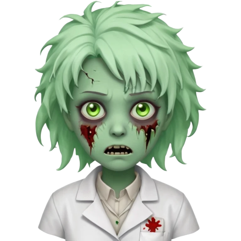 zombie scientist woman portrait, head and shoulders only, torn lab coat collar, pale green skin, stitched face details, glowing eerie eyes, messy hair, creepy but cute cartoon style, 3D cartoon, mobile game icon style, clean background, no text, no watermark
 emoji