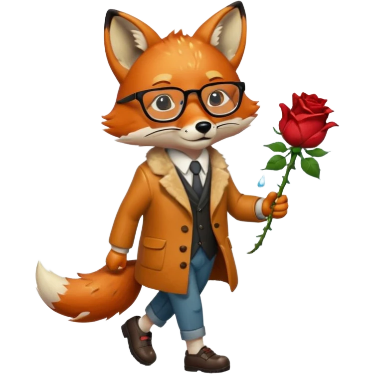 a fox with glasses, walking with shoes on and raining on him, also a dead rose in his hands and he's sad emoji