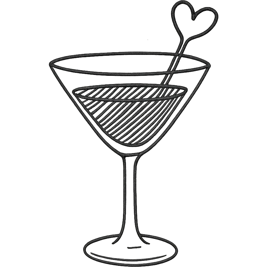 cocktail glass with burgundy drink and a heart-shaped stirrer, hand drawn style emoji