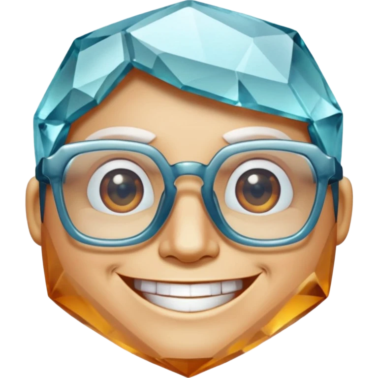 A single crystal gemstone character wearing glasses, chunky and irregular with faceted very sharp sides, smile, , high detail, soft lighting, centered on a plain dark background emoji