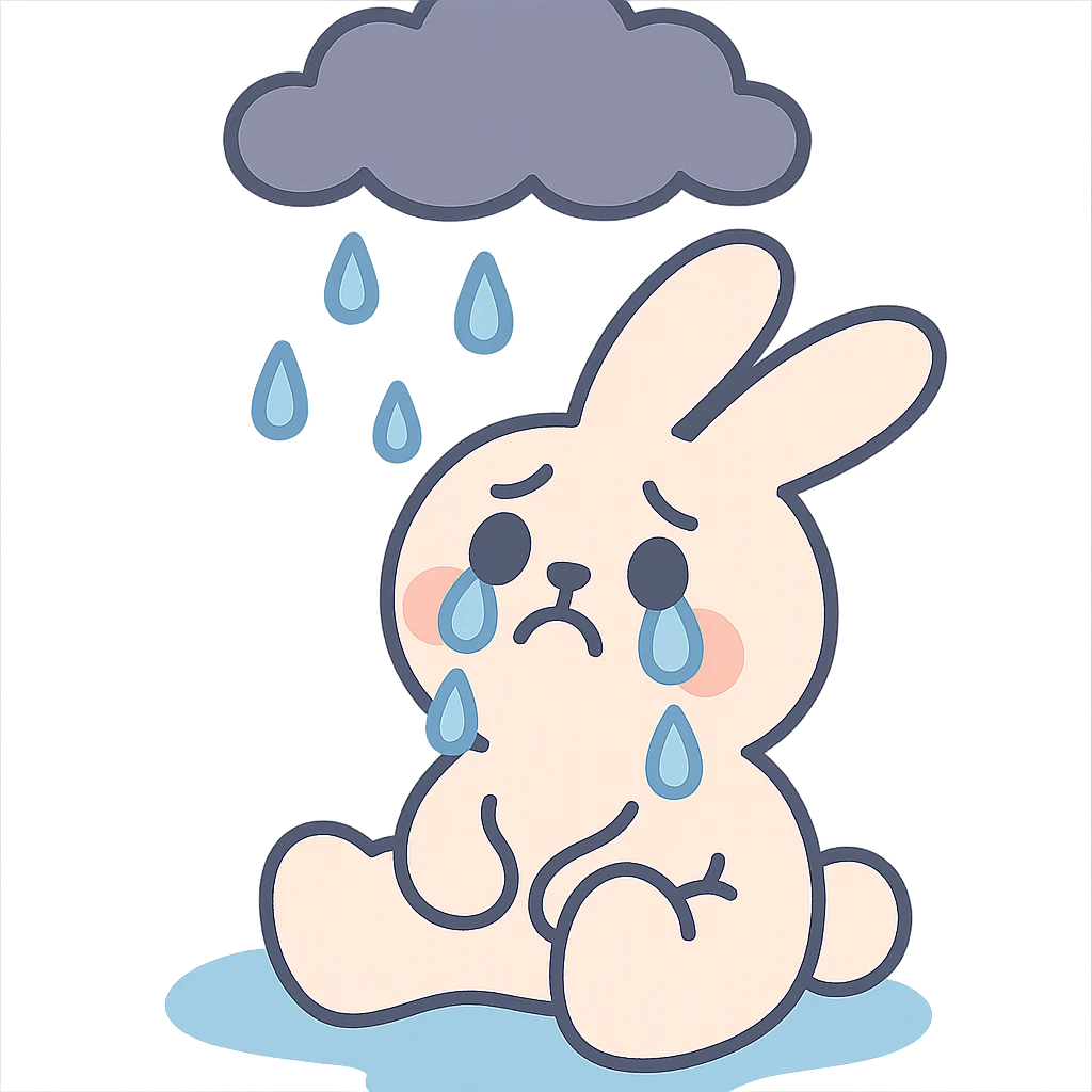 marshmallow bunny sitting with tears under a raincloud, pastel-toon style emoji
