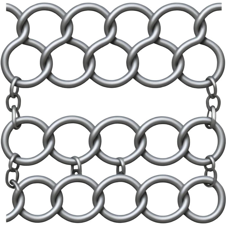 3D render of Chain Link Fence, made of interlocking chainmail metal rings, wire mesh texture, visible holes and negative space, metallic silver and grey, high contrast shadows, emoji style, isolated on white background --v 6.0. emoji