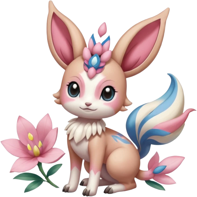 Cute Romantic Realistic  Floral Meloetta-Sylveon-Palkia-Cresselia-Digimon-Pokémon-Fakémon-hybrid-fusion, full body emoji