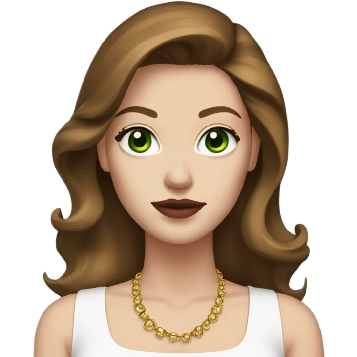 woman, with chestnut brown hair, her hair are a 90s blowout, she has very green eyes and a white pale skin, she has dark pink lipstick on and long lashes, she wears a white top with gold earrings  emoji