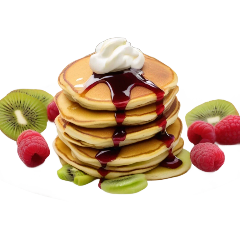 three pancakes with sour cream on top, raspberry jam and kiwi slices in a white plate emoji