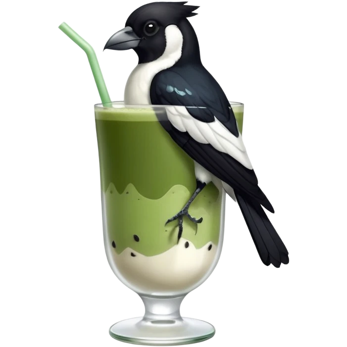  ONE Australien Magpie (just black and white feathers) sitting on an iced matcha latte on the edge of the glass. magpie has green matcha on its beak. matxha latte is in a see through glass and white from the oat milk on the bottom and green without seeds on top… one straw & ice cubes emoji