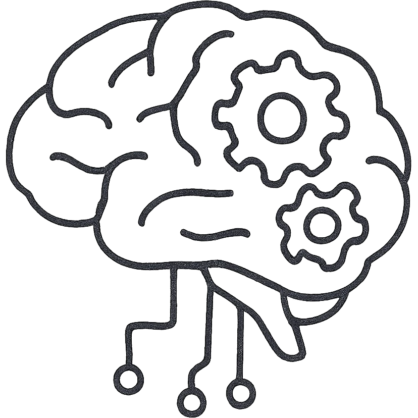 hand-drawn AI brain with gears, technology AI emoji