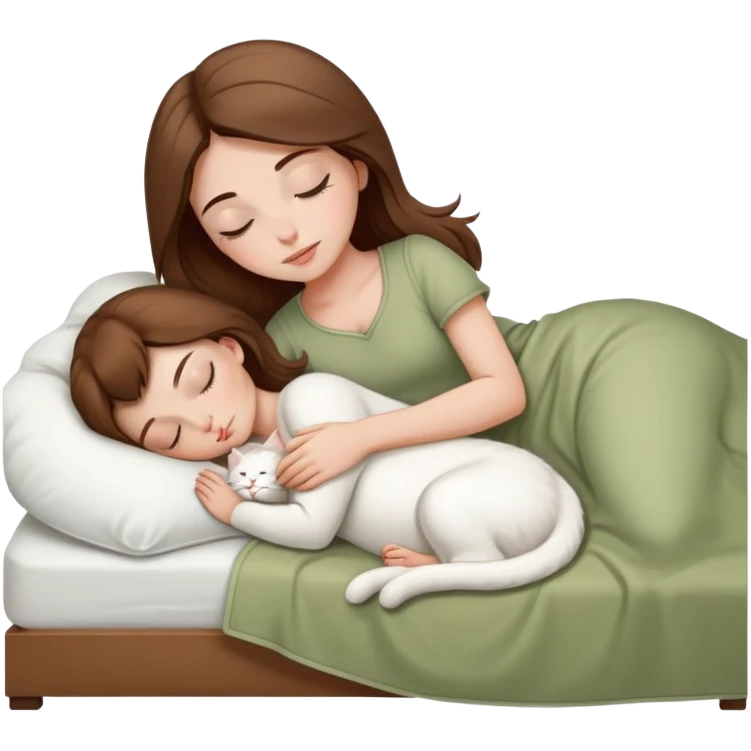 White girl brown hair sleeping with white kitty at pale olive bad emoji