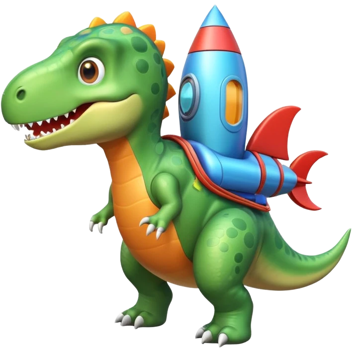 cute toy-like rocket-propelled dinosaur, rounded shapes, glossy texture, colorful rocket backpack, happy expression, 3D cartoon, mobile game icon style, clean background, no text, no watermark
 emoji