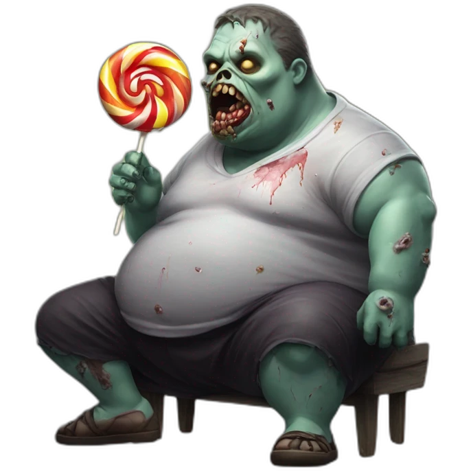 fat zombie wearing eating a lollipop hyperrealistic emoji