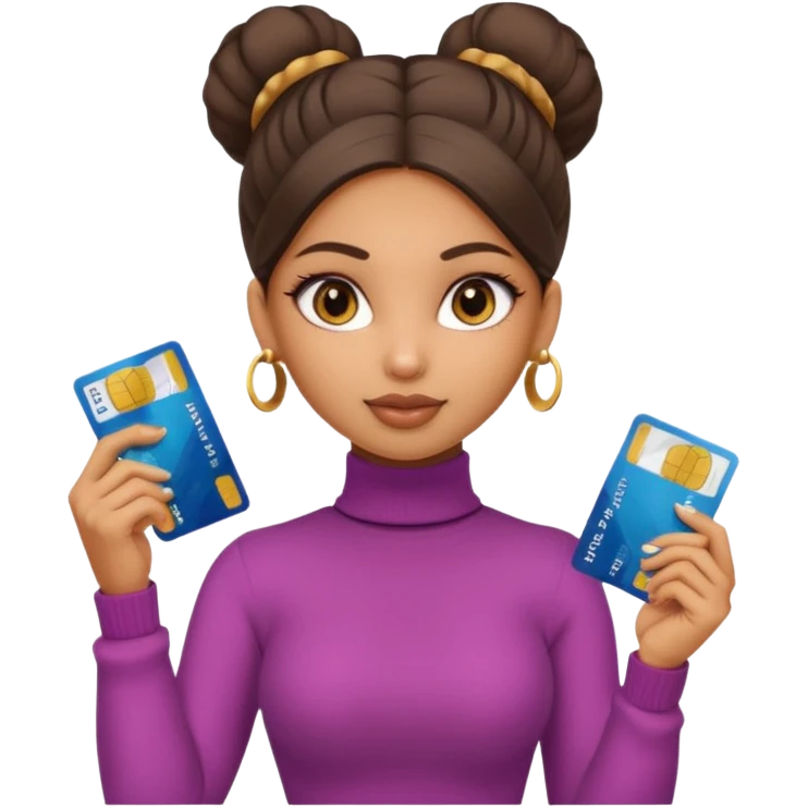 a pretty bratz fair indian girl wearing a beige turtleneck, golden earrings, bun, holding bank cards emoji