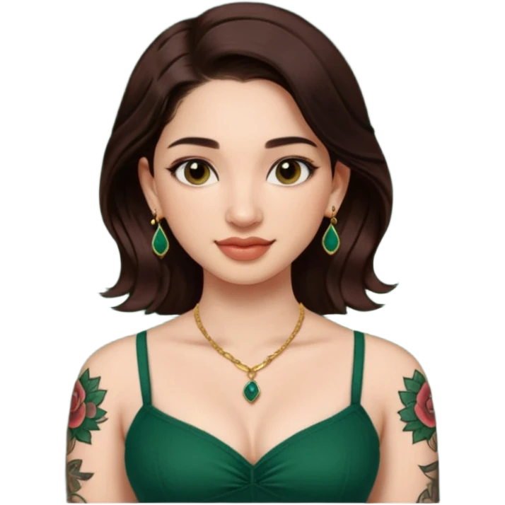 pretty bratz genmoji that looks like tamannah bhatia (bollywood actress), wearing a dark green sweetheart neckline top, dark brown hair, light makeup, no necklace, dangly earrings, side hair part, dark BROWN eyes, with full tattoos and neck tattoo big, fair emoji