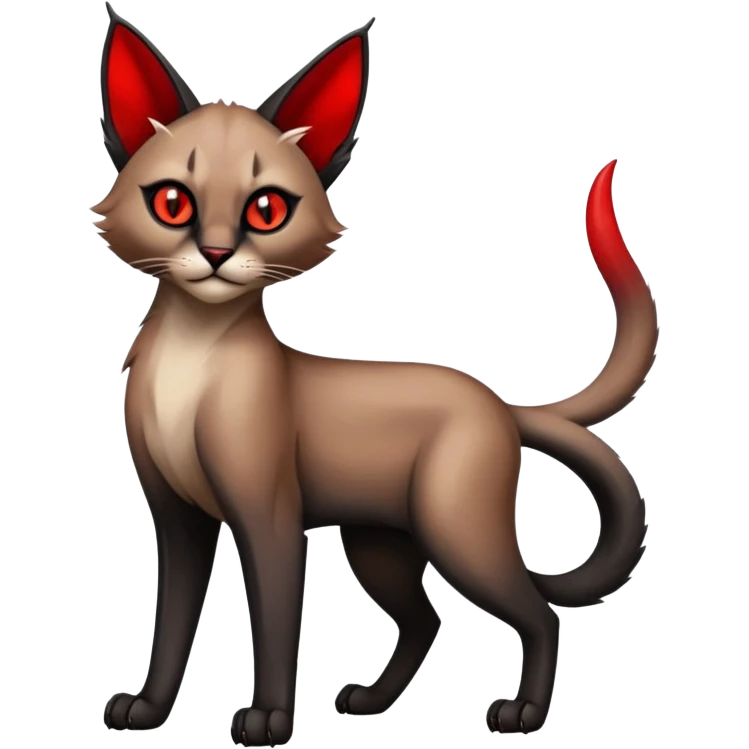 Gothic exotic Red and black and edgy and cute shiny Fantasy-Siamese-Bobcat-Caracal-Lykoi-feline-Fakémon-feline-hybrid (full body) emoji