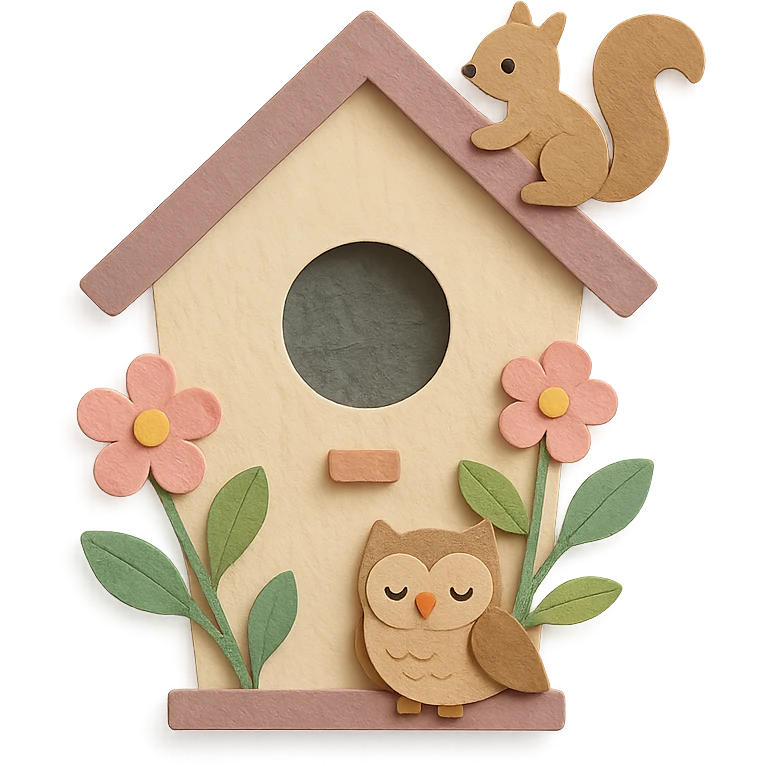 a cozy birdhouse with flowers and forest creatures, soft pastel colors, paper craft style emoji