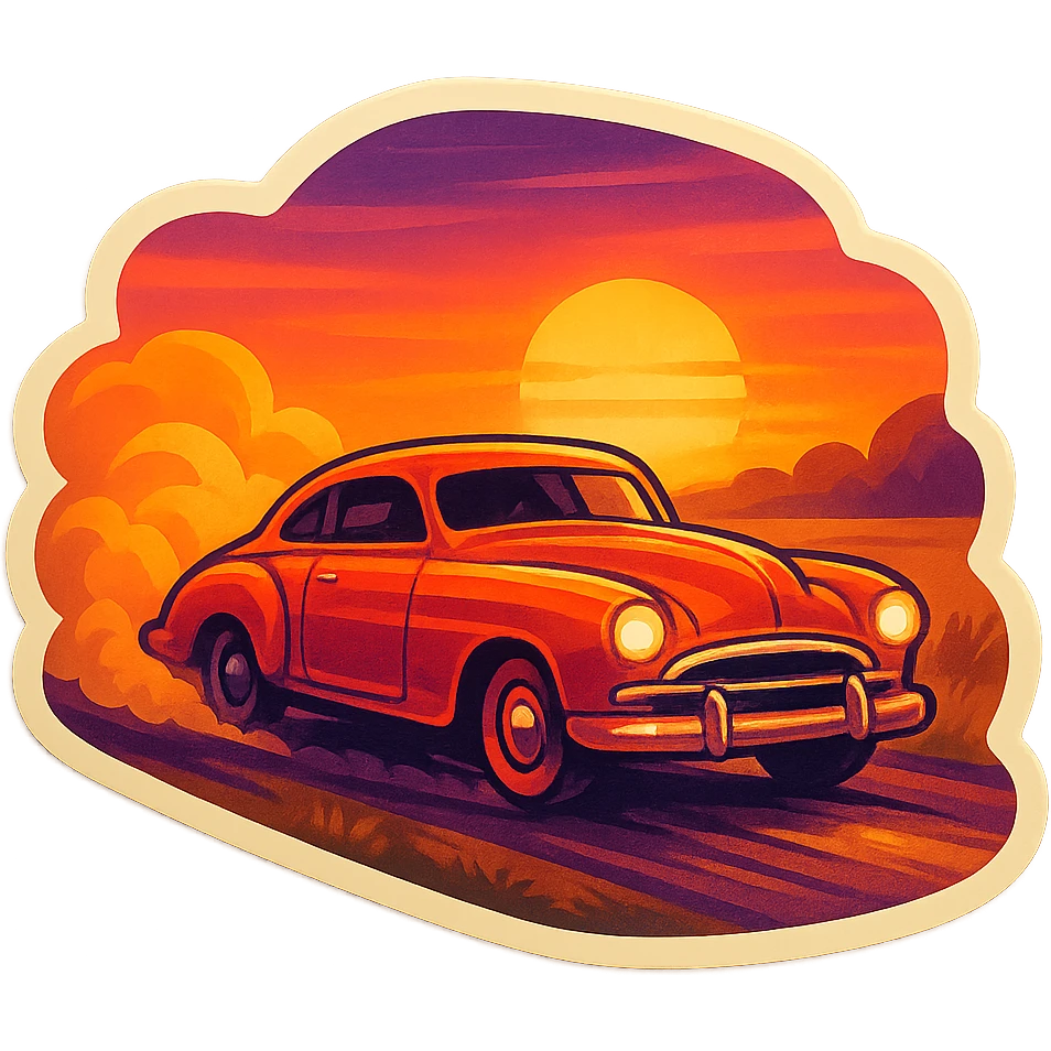 a classic car speeding on country road, retro style, dust cloud behind, sunset background emoji
