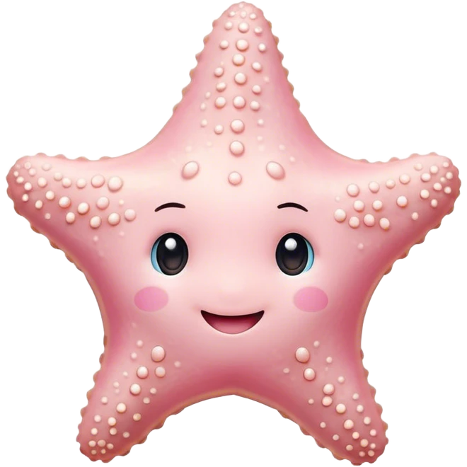 Cinematic cute round starfish, pastel pink, soft bumpy texture, tiny happy face, slightly tilted, glowing warmly, sparkling with gentle ocean magic. emoji