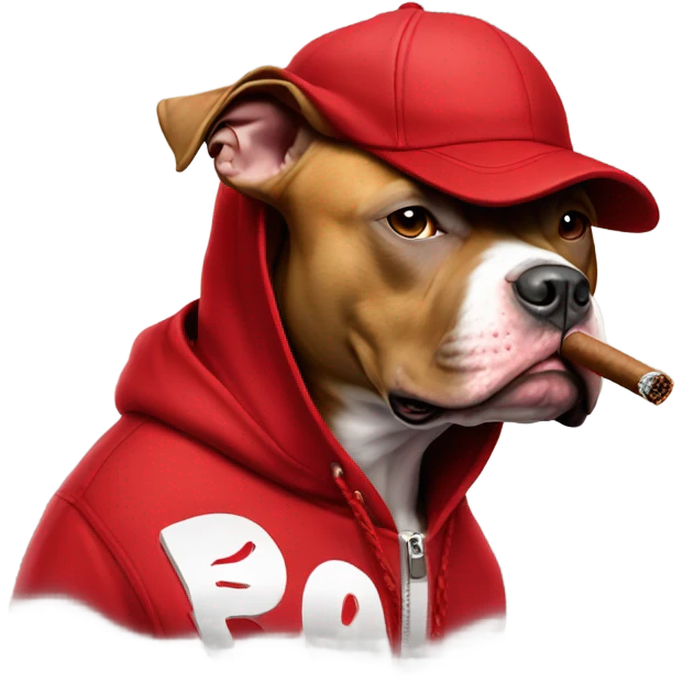 Pitbull smoking a cigar wearing a red hoody and red hat with the word blood on it emoji