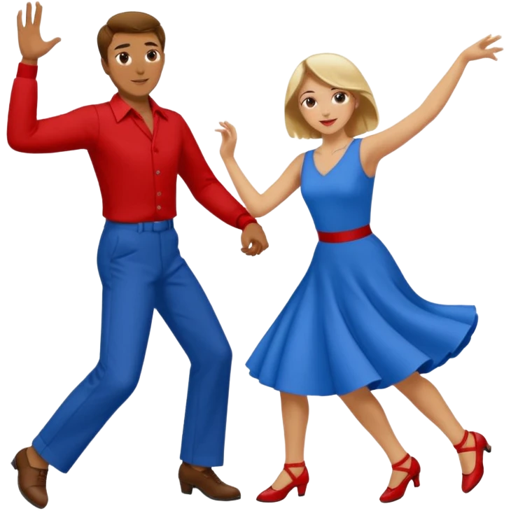 Two people. Man wearing all  RED with brown hair. Women  ALL blue with blond hair. Swing Dancing. Need four legs emoji