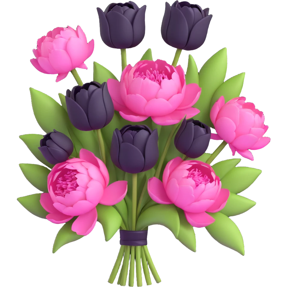 minimal 3D gothic bouquet with pink peonies and black tulips, simple and elegant emoji