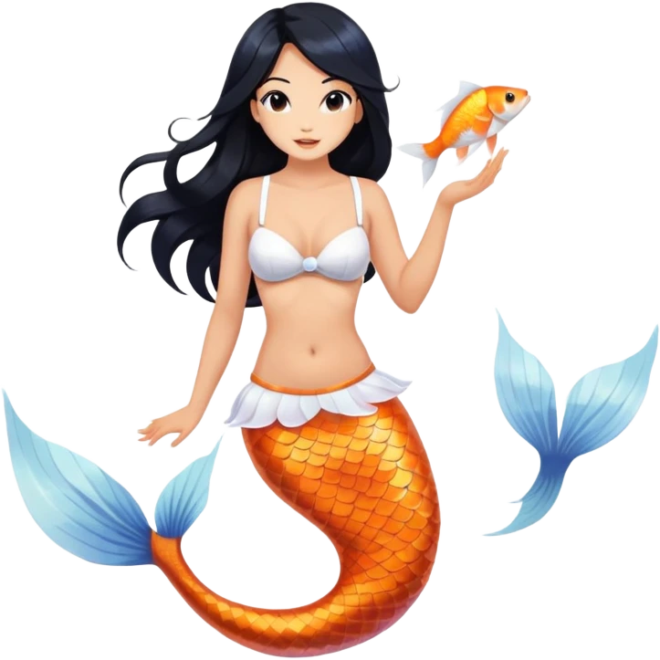 mermaid, long black hair tanned woman, koi white and orange  fish tail,  white shell bra. full body emoji