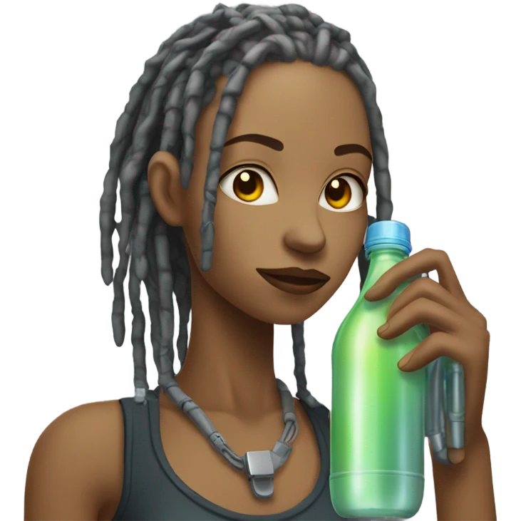 Cyborg lady with locs drinking bottle emoji