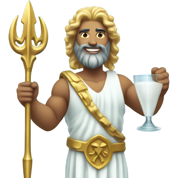 Poseidon with Trident. white dress. smile . eye blink. with glass emoji
