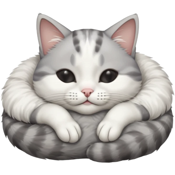 grey and white small cat with eyes closed lying down upside down with its paws/arms tightly covering its own face emoji