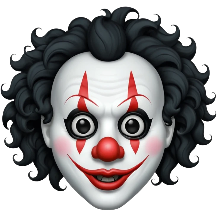 generate white clown mask emoji with a big curly black hair 

black coloured  lips and no teeth, no red nose but instead long and pointy white nose with no nostrils, pitch black eyes with no pupils, no brows emoji