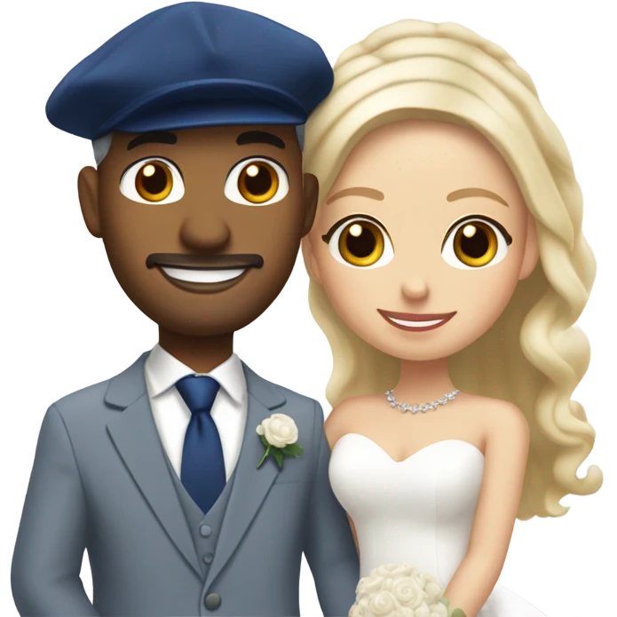 Puerto rican beard short hair with blue hat and navy blue suit getting Married with blond long hair girl with white  wedding dress  emoji