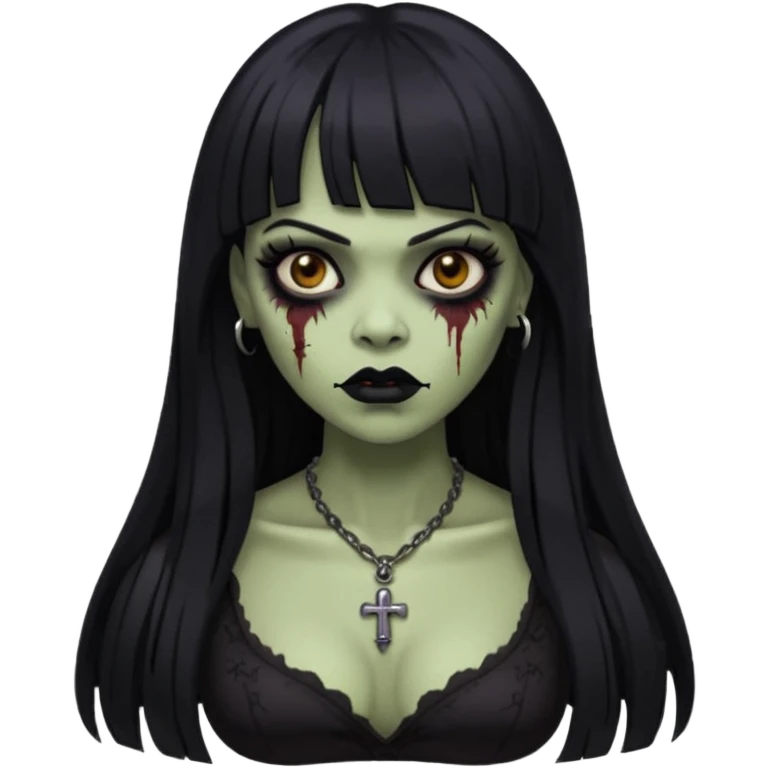 vampira gótica parda zumbi de cabelo longo e preto e franja e roupa com decote e batom preto emoji