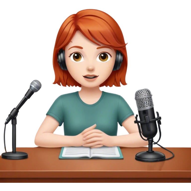 Redhead sat at desk with podcast microphone  emoji