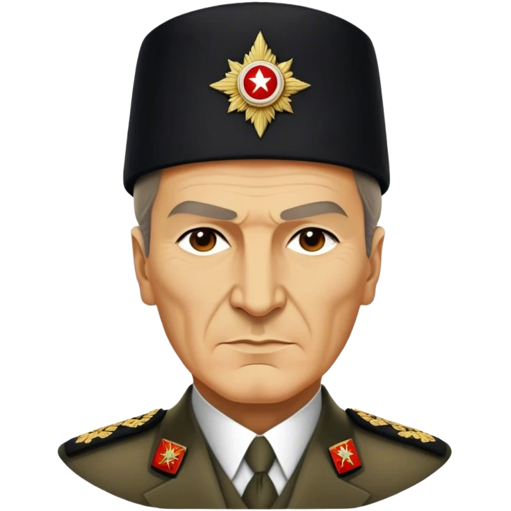 Mustafa Kemal Atatürk (statesman) in traditional hat – Cinematic Realistic Portrait of Mustafa Kemal Atatürk, depicted in dignified traditional attire with a distinctive hat, a resolute and visionary expression illuminated by warm, historic lighting, rendered with rich textures that evoke his transformative leadership. emoji