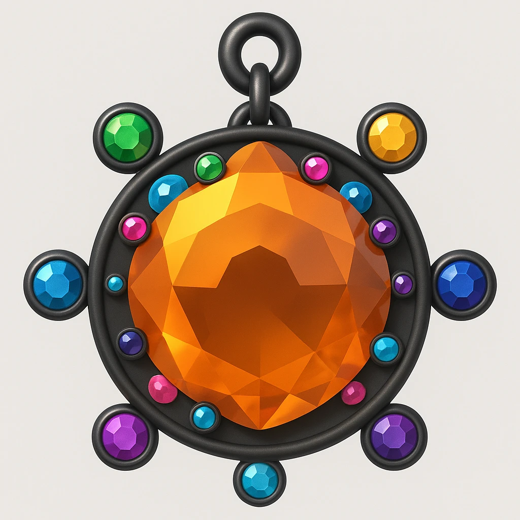 Transform this into a charm: add a black chain attached to the top and small colorful gemstone accents around the main amber gem, keep the 3D emoji style emoji