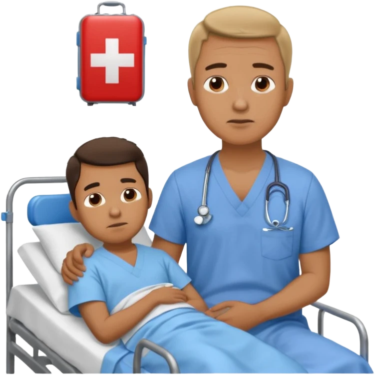 father sitting next to the hospital bed of son emoji