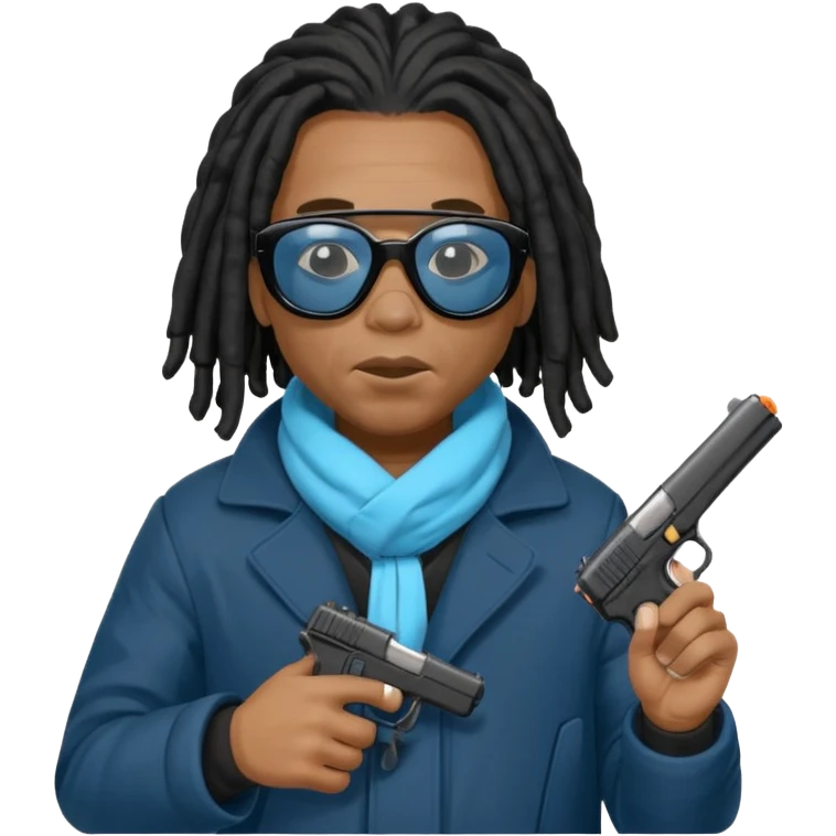 African American man with shoulder length black dreadlocks  wearing black sunglasses wearing a black bubble winter coat wearing a blue hospital mask covering mouth and nose  holding a Glock gun in hand emoji
