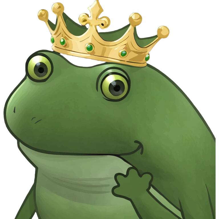 drama queen frog, sassy pose, crown, dramatic eyes, green and gold emoji