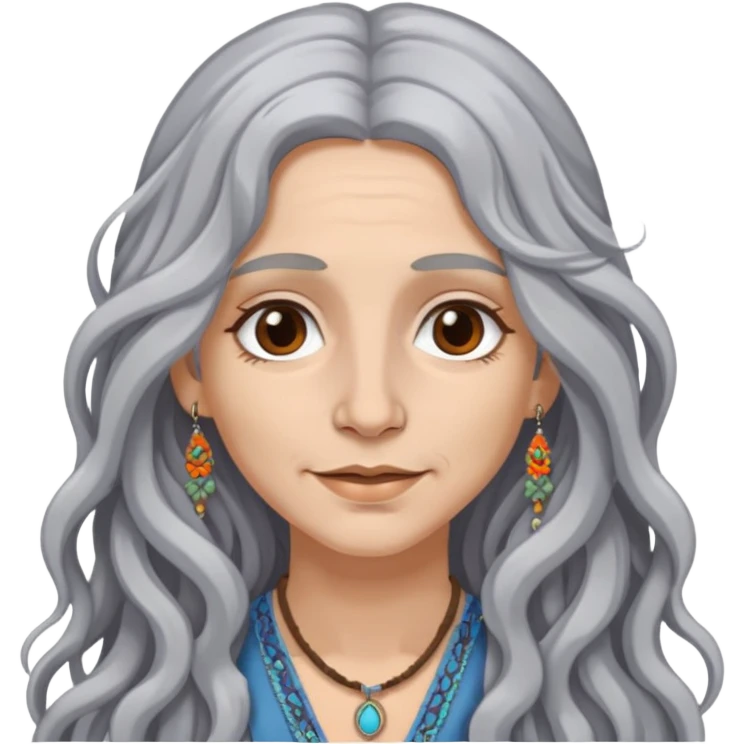 woman hippie long wavy gray hair brown eyes nose ring emoji