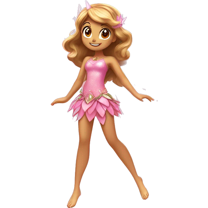 the adult latina fairy of nature in her enchantix fairy pink clothing and fairy enchantix wings and long light brown hair from winx club. Small eyes, Lots of sparkles and fairydust. Full body and full fairy bliss emoji