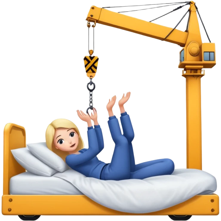 Extremely large girl in bed being lifted by a crane emoji