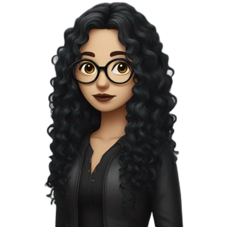 a gothic girl with long black curly hair and circular glasses emoji