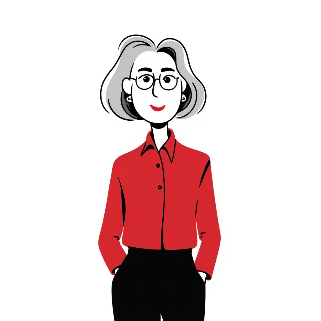 Sophisticated senior woman in her 70s with radiant complexion, elegant silver-gray bob haircut, hazel eyes, defined cheekbones, wearing vibrant red lipstick and a structured red blouse emoji