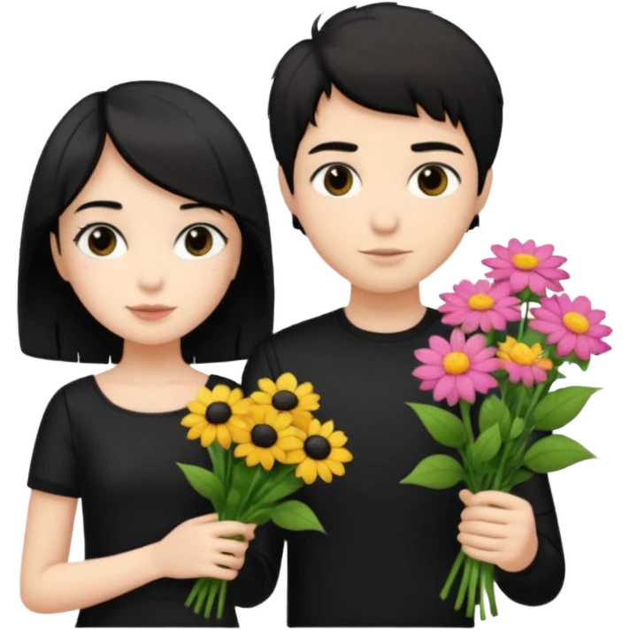a pretty bratz fair girl with short black shaggy hair with a tall boy and flowers wearing black emoji