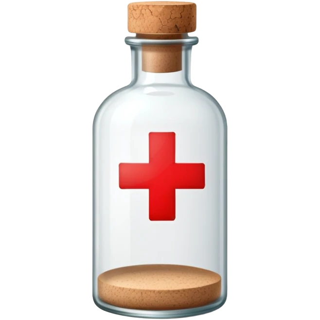 A glass medicine bottle with a cork top and red cross label emoji