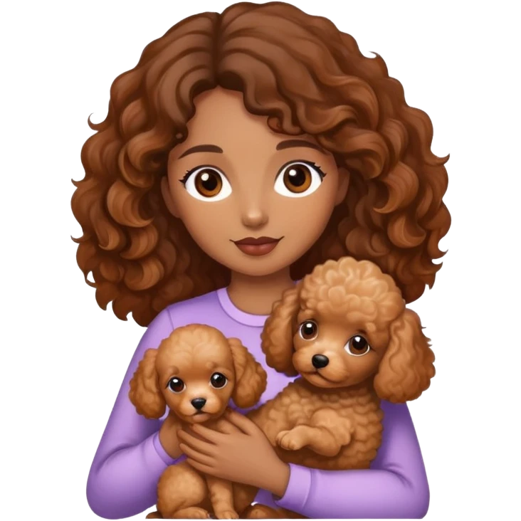 woman with  brown  skin,  wavy  hair ondas eyes is holding a apricotpoodle puppy emoji